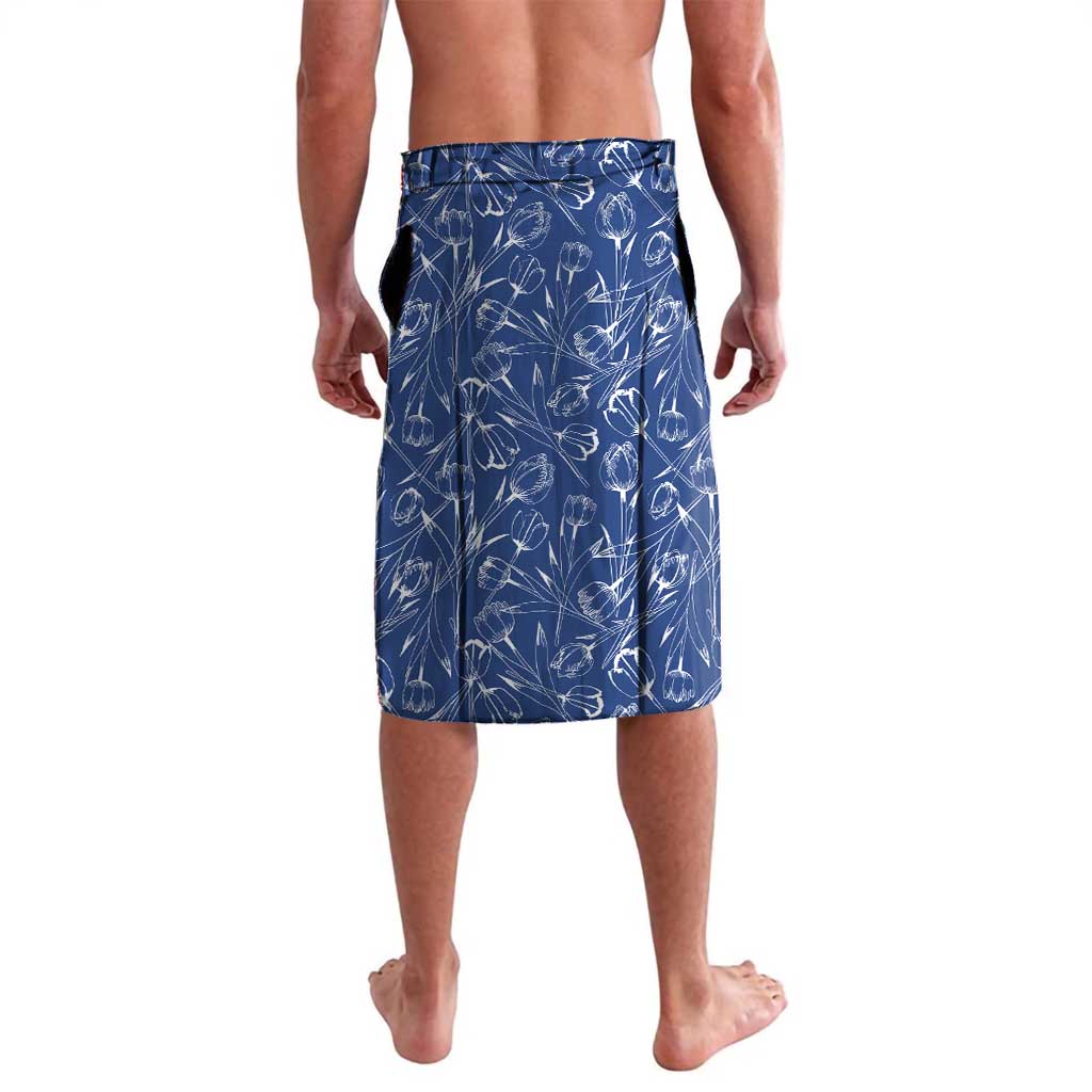 Serbia Lavalava with Royal Animal Crest and Tulip Floral Blue Background