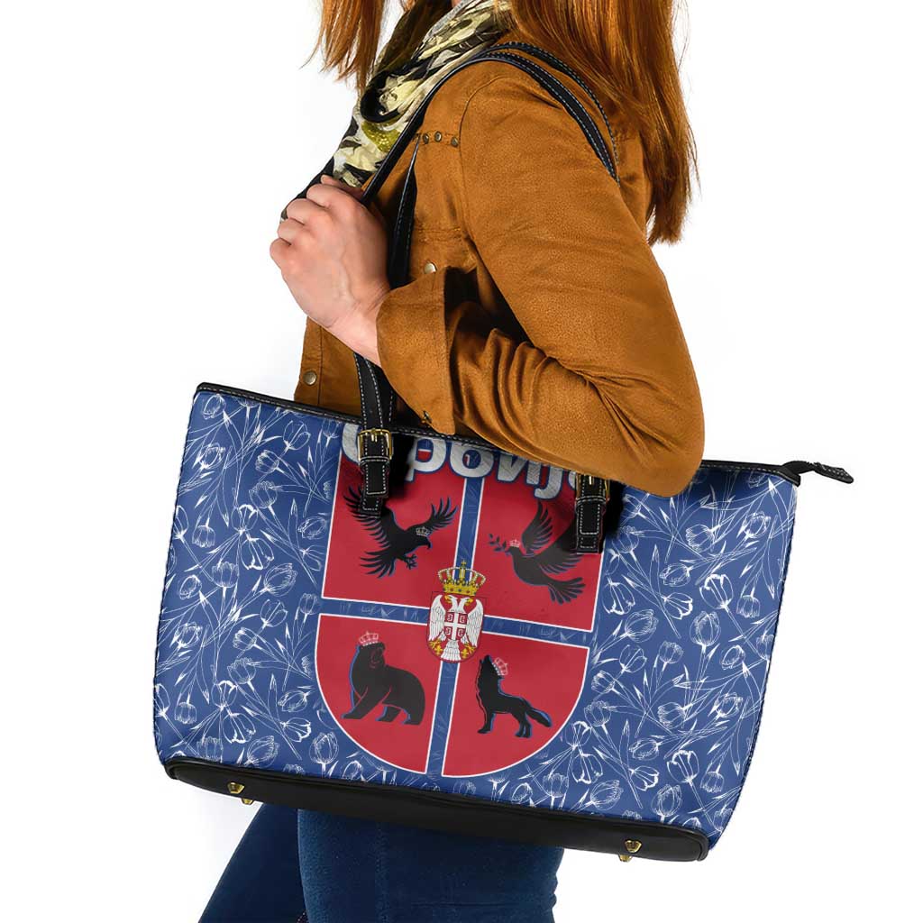 Serbia Leather Tote Bag with Royal Animal Crest and Tulip Floral Blue Background