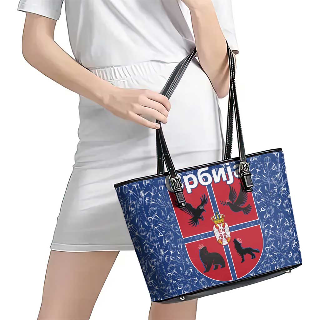 Serbia Leather Tote Bag with Royal Animal Crest and Tulip Floral Blue Background