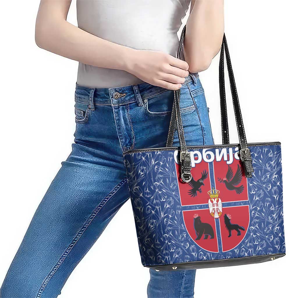 Serbia Leather Tote Bag with Royal Animal Crest and Tulip Floral Blue Background