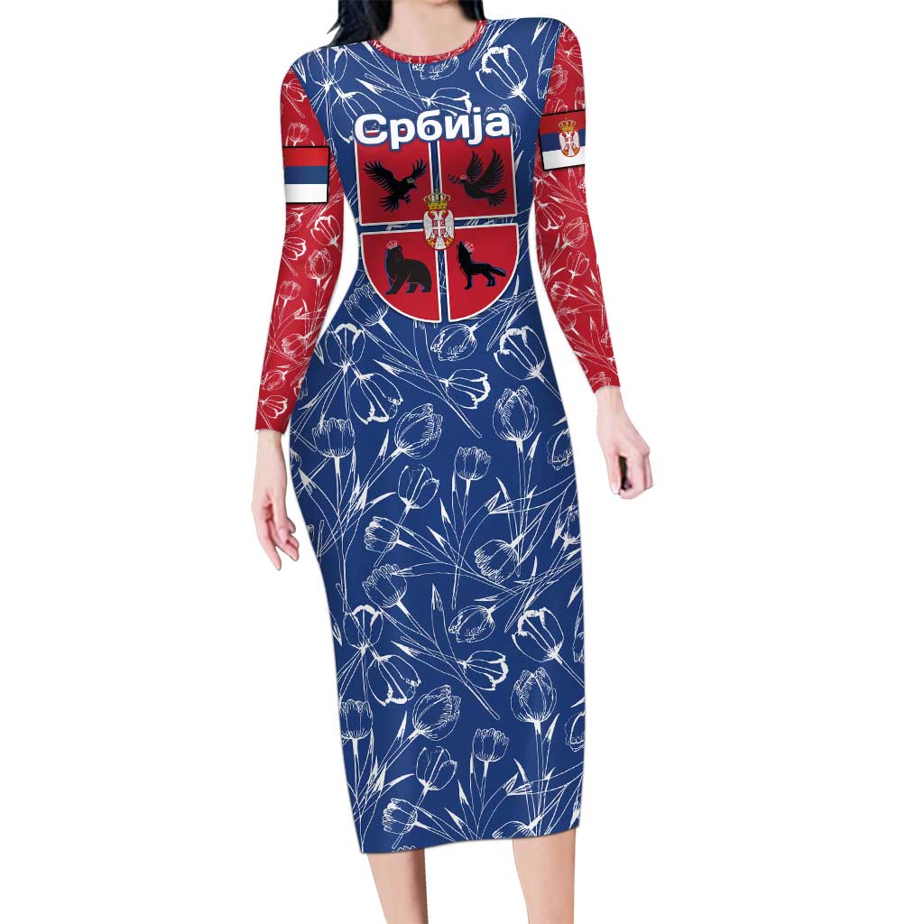 Serbia Long Sleeve Bodycon Dress with Royal Animal Crest and Tulip Floral Blue Background