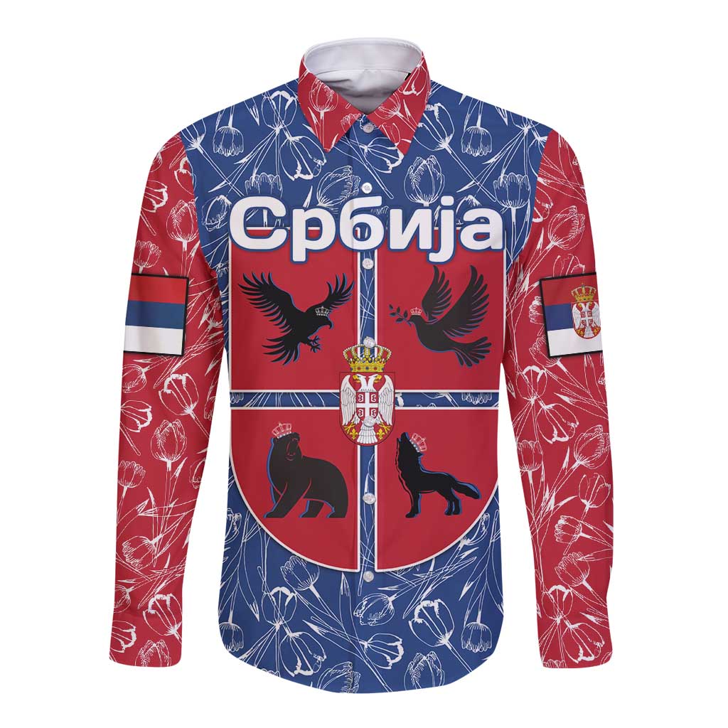 Serbia Long Sleeve Button Shirt with Royal Animal Crest and Tulip Floral Blue Background