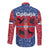 Serbia Long Sleeve Button Shirt with Royal Animal Crest and Tulip Floral Blue Background
