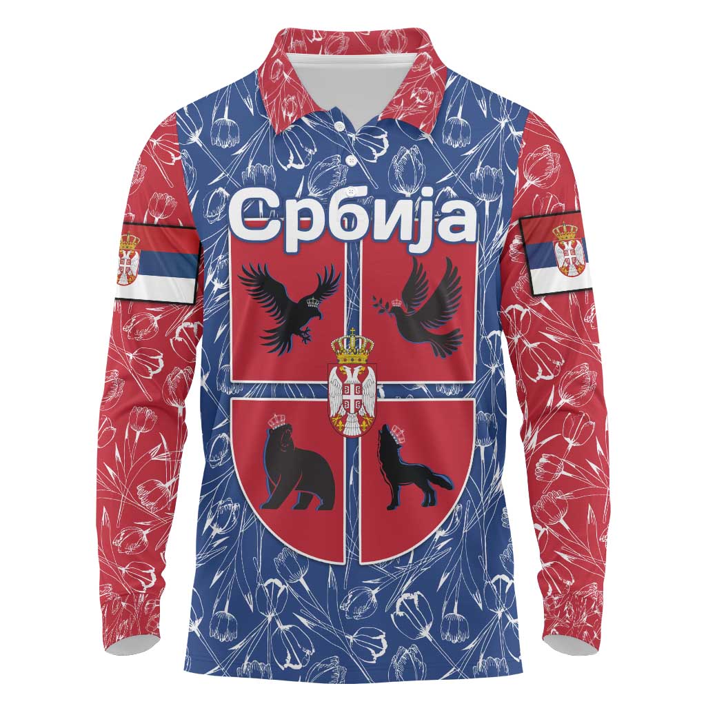 Serbia Long Sleeve Polo Shirt with Royal Animal Crest and Tulip Floral Blue Background