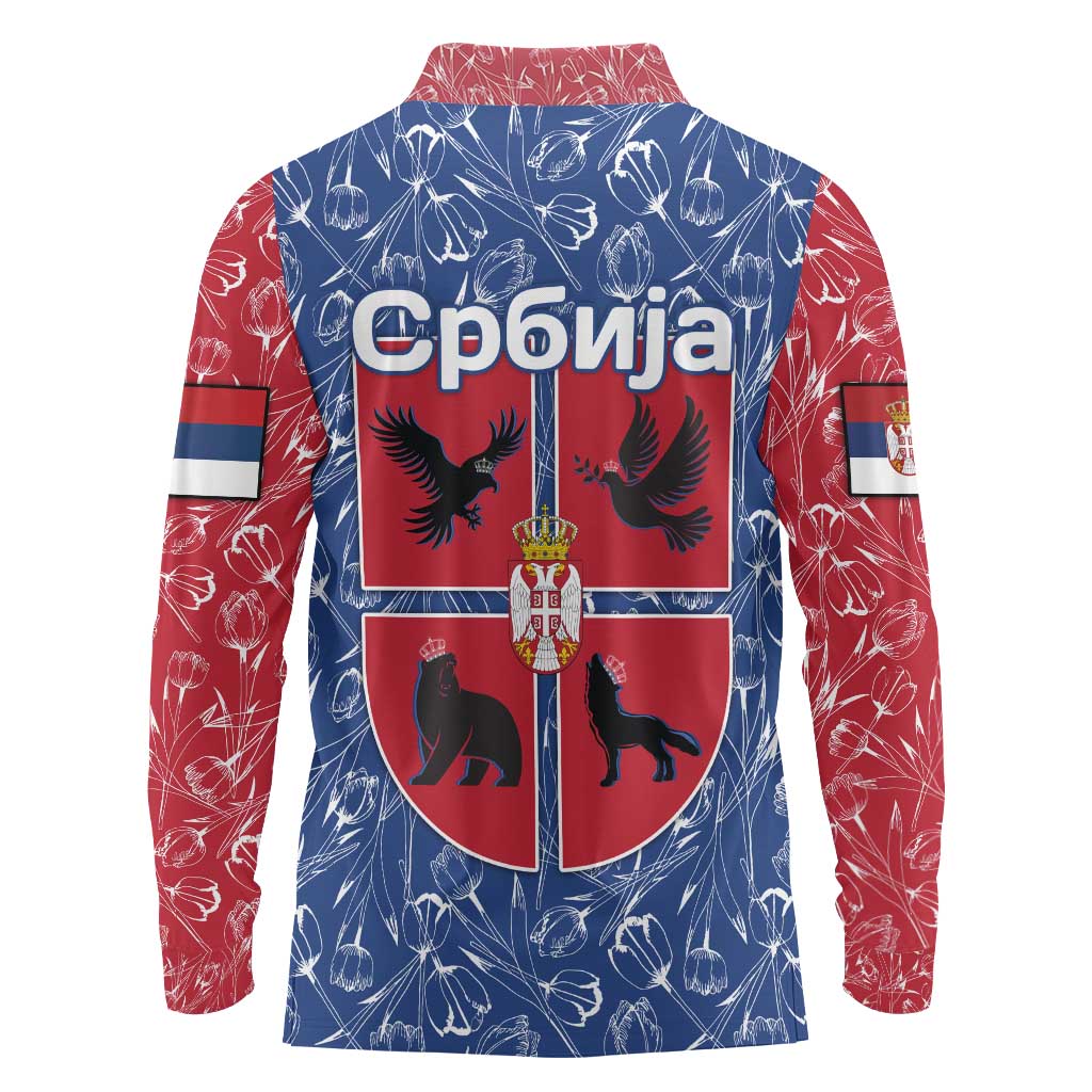 Serbia Long Sleeve Polo Shirt with Royal Animal Crest and Tulip Floral Blue Background