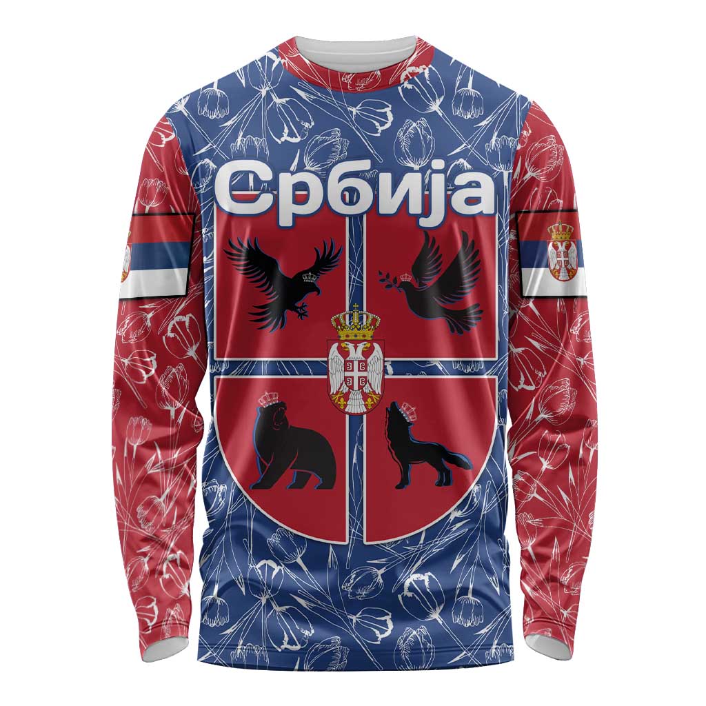 Serbia Long Sleeve Shirt with Royal Animal Crest and Tulip Floral Blue Background