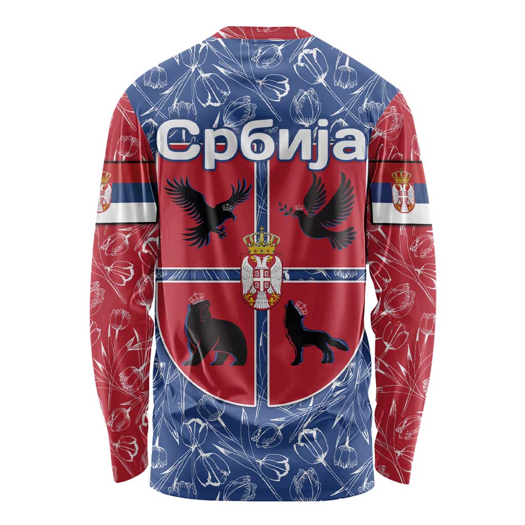 Serbia Long Sleeve Shirt with Royal Animal Crest and Tulip Floral Blue Background