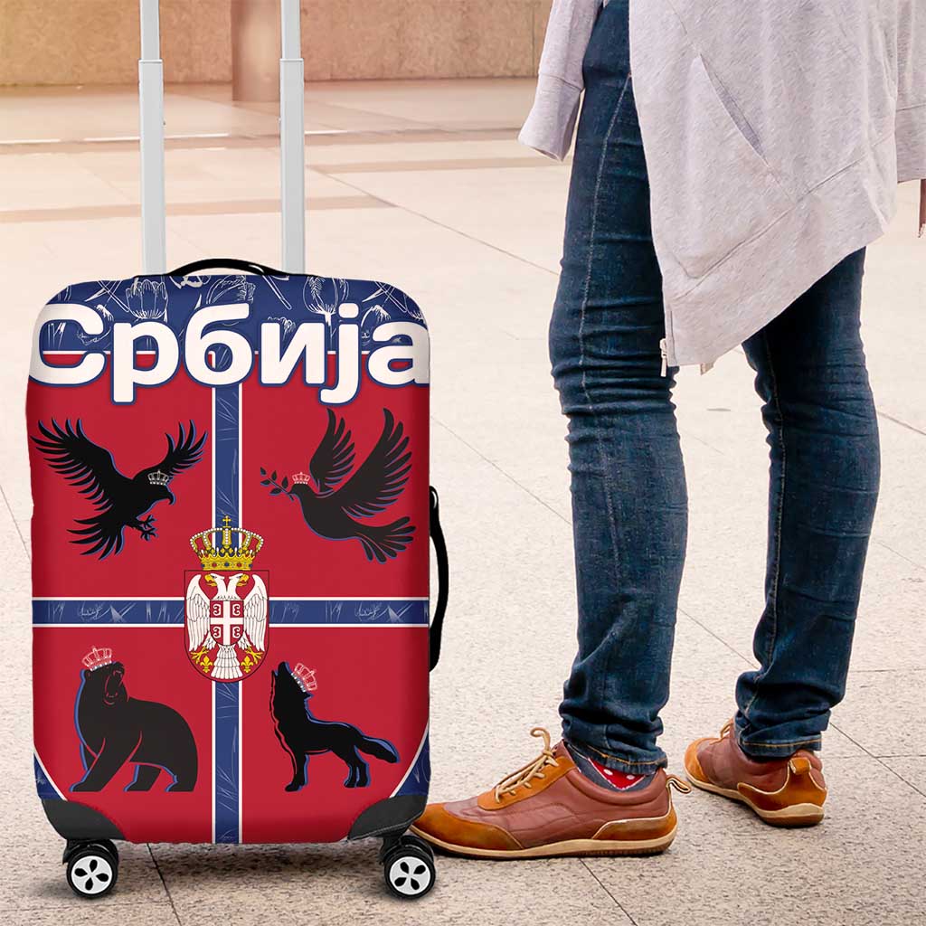 Serbia Luggage Cover with Royal Animal Crest and Tulip Floral Blue Background
