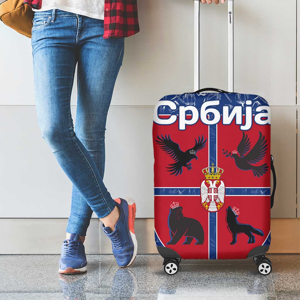 Serbia Luggage Cover with Royal Animal Crest and Tulip Floral Blue Background