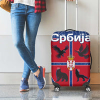 Serbia Luggage Cover with Royal Animal Crest and Tulip Floral Blue Background