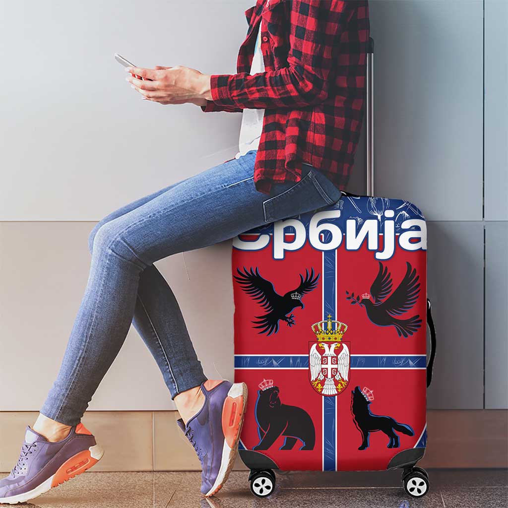 Serbia Luggage Cover with Royal Animal Crest and Tulip Floral Blue Background
