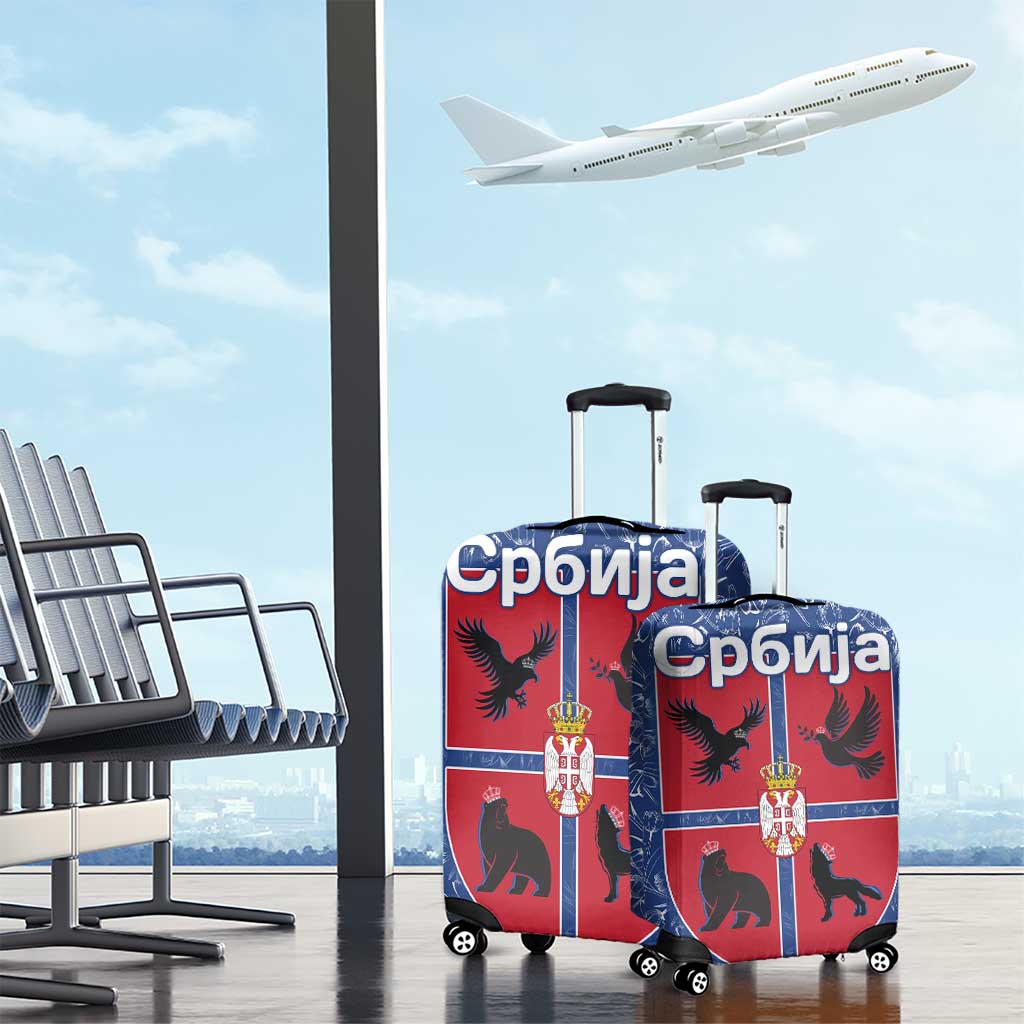 Serbia Luggage Cover with Royal Animal Crest and Tulip Floral Blue Background