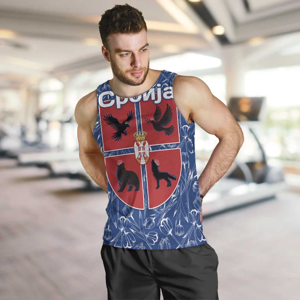 Serbia Men Tank Top with Royal Animal Crest and Tulip Floral Blue Background