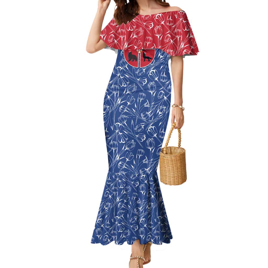 Serbia Mermaid Dress with Royal Animal Crest and Tulip Floral Blue Background