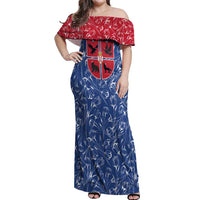 Serbia Off Shoulder Maxi Dress with Royal Animal Crest and Tulip Floral Blue Background