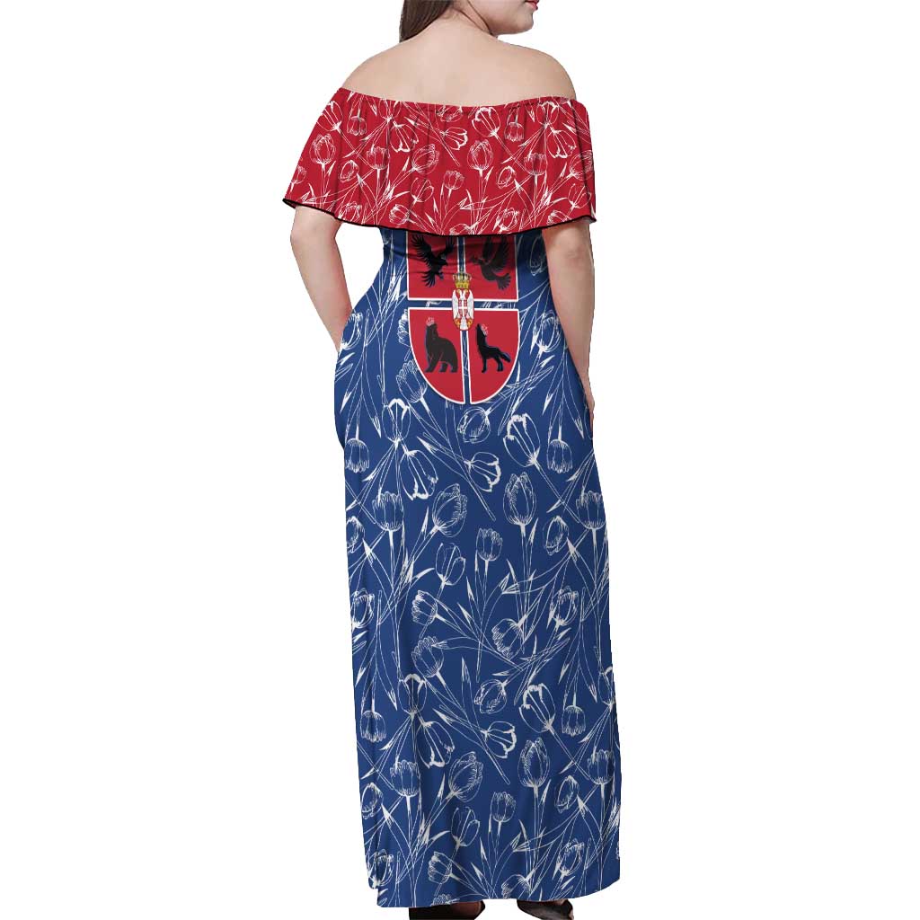 Serbia Off Shoulder Maxi Dress with Royal Animal Crest and Tulip Floral Blue Background