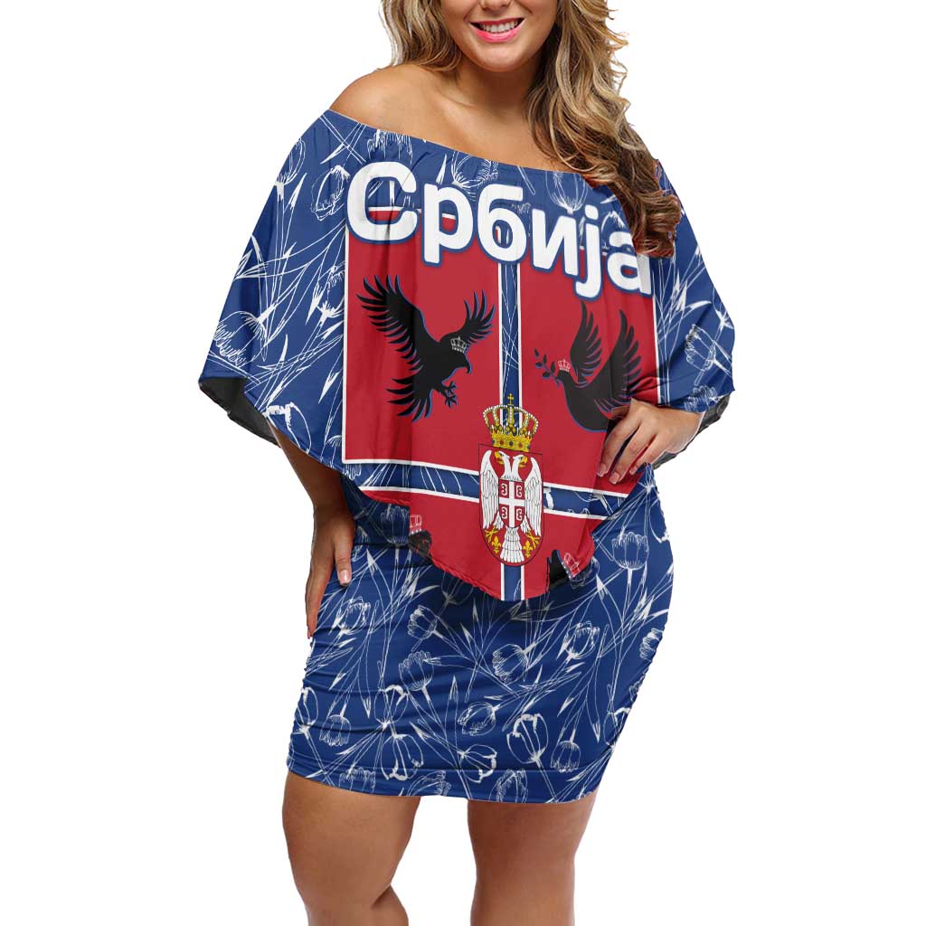 Serbia Off Shoulder Short Dress with Royal Animal Crest and Tulip Floral Blue Background
