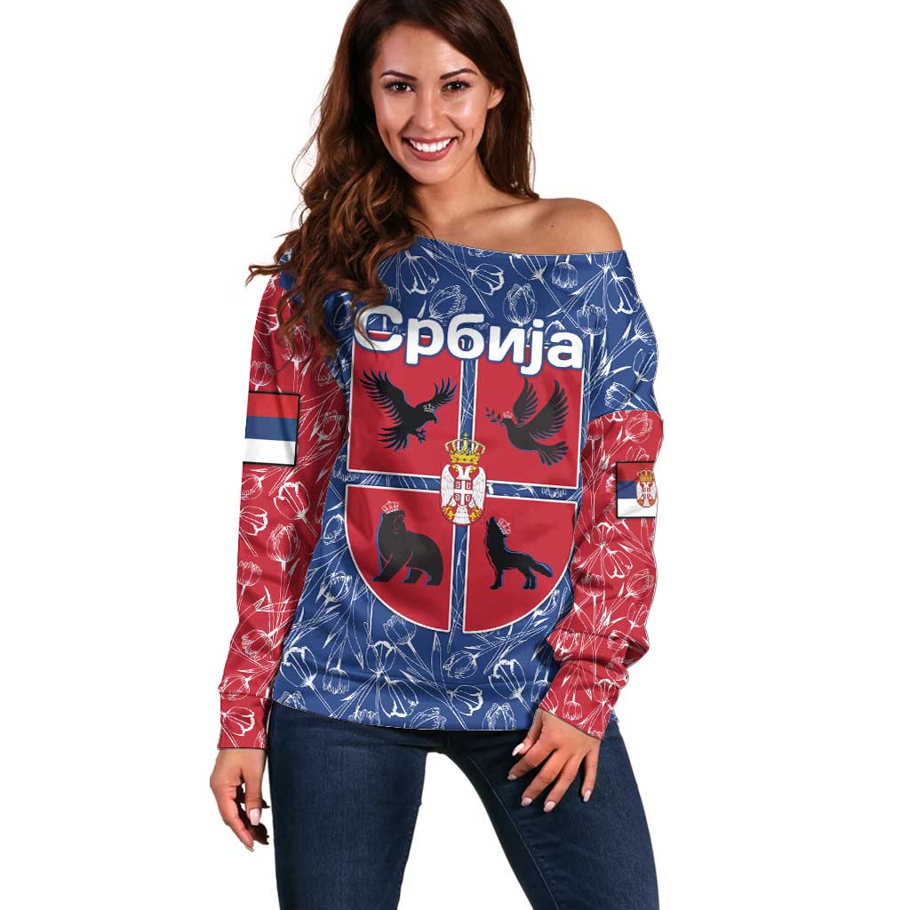 Serbia Off Shoulder Sweater with Royal Animal Crest and Tulip Floral Blue Background