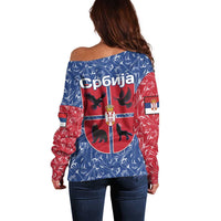Serbia Off Shoulder Sweater with Royal Animal Crest and Tulip Floral Blue Background