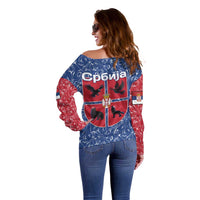 Serbia Off Shoulder Sweater with Royal Animal Crest and Tulip Floral Blue Background