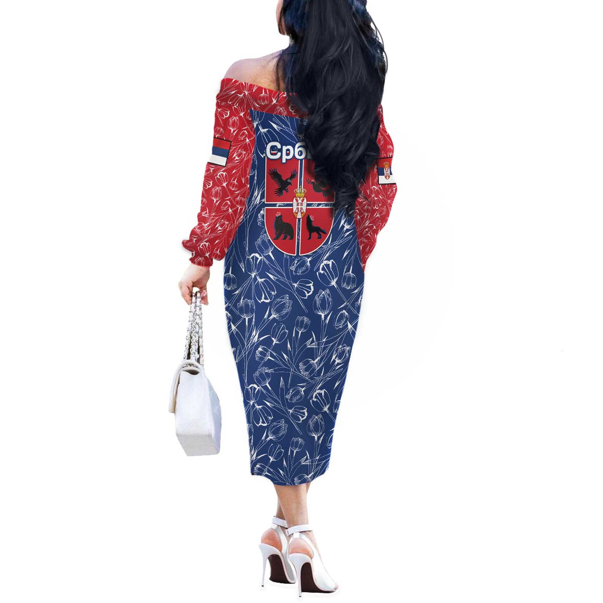 Serbia Off The Shoulder Long Sleeve Dress with Royal Animal Crest and Tulip Floral Blue Background