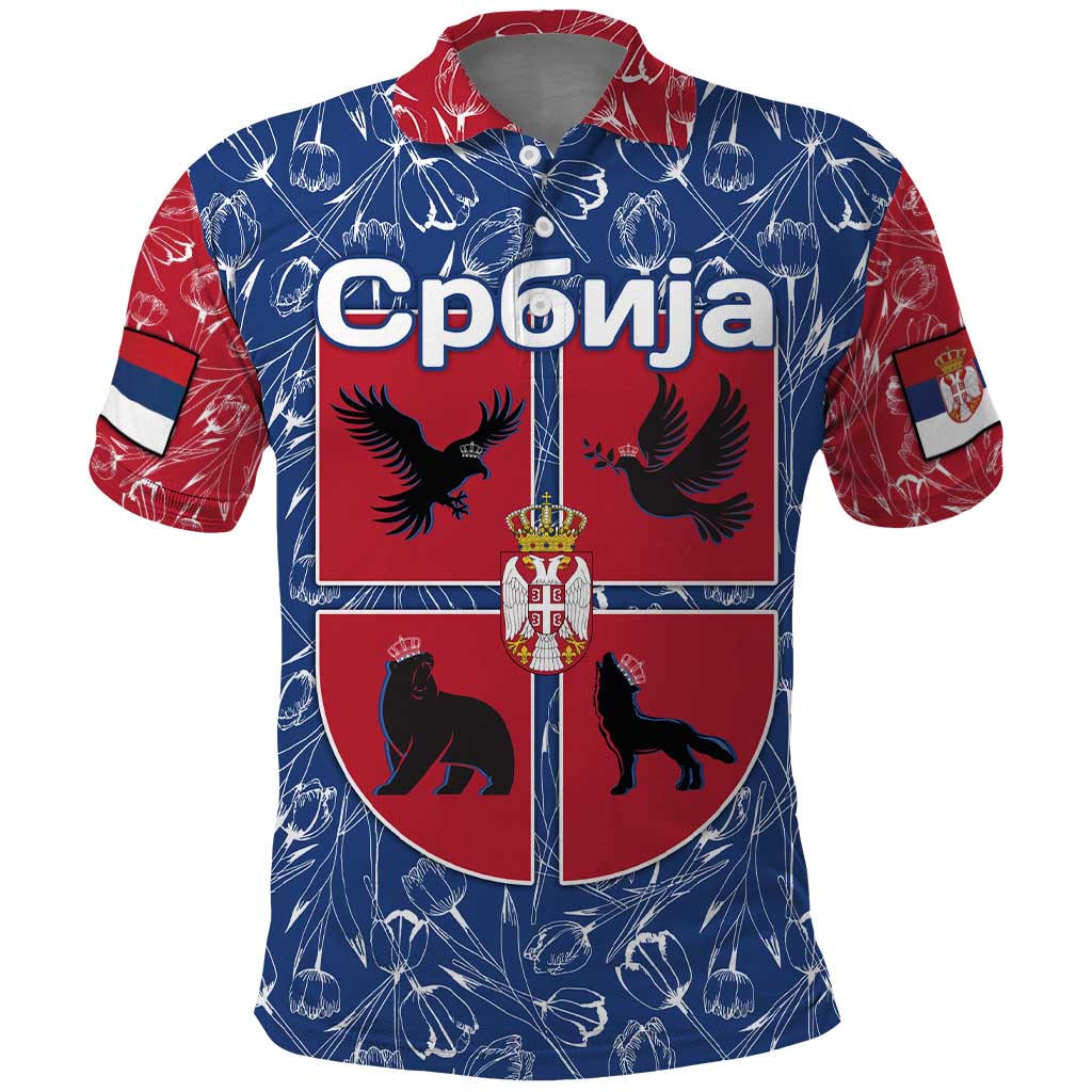Serbia Polo Shirt with Royal Animal Crest and Tulip Floral Blue Background