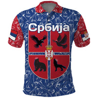 Serbia Polo Shirt with Royal Animal Crest and Tulip Floral Blue Background