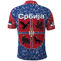 Serbia Polo Shirt with Royal Animal Crest and Tulip Floral Blue Background