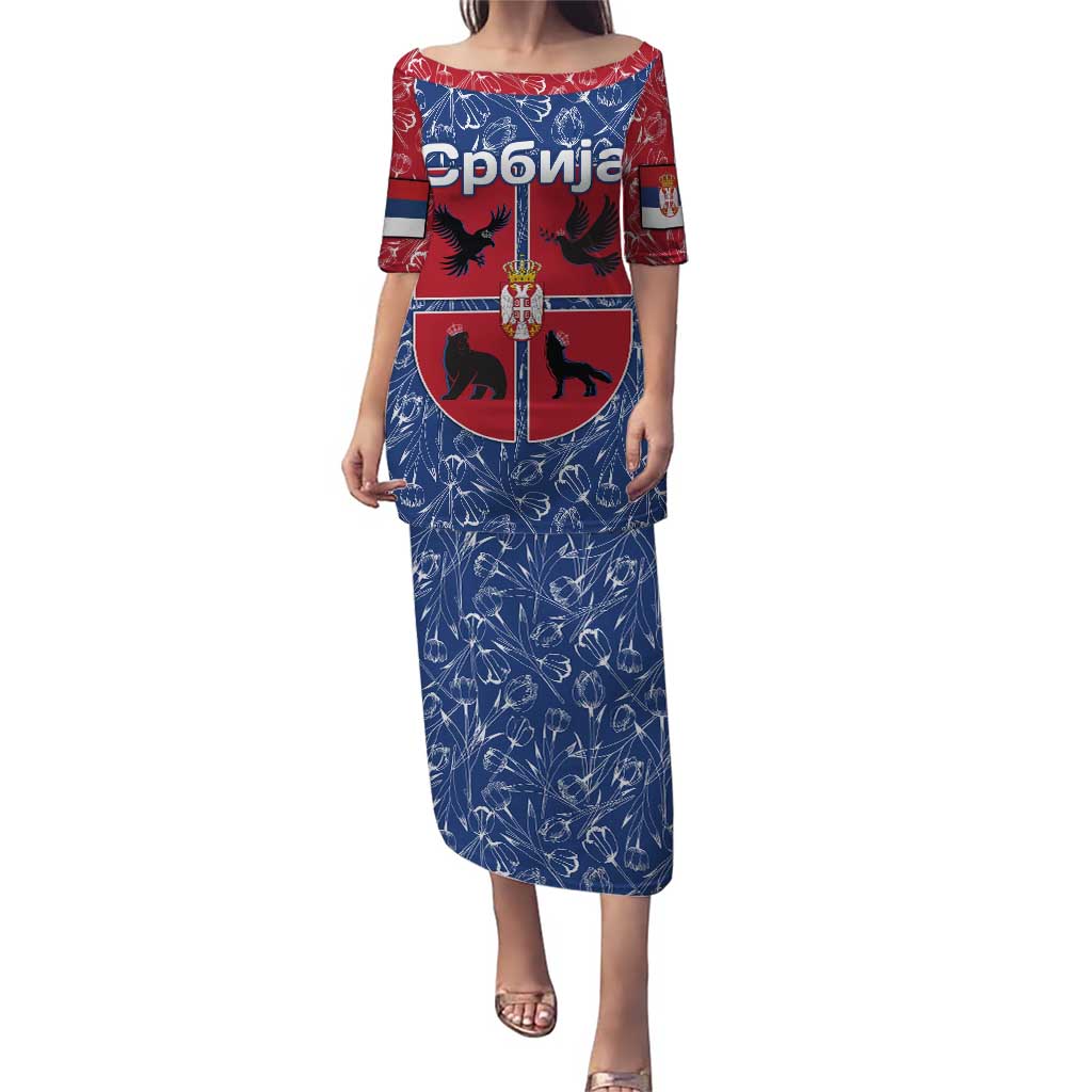 Serbia Puletasi with Royal Animal Crest and Tulip Floral Blue Background