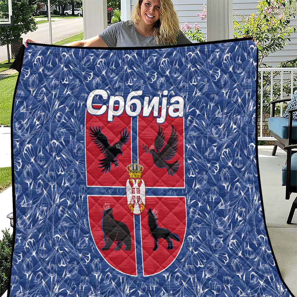 Serbia Quilt with Royal Animal Crest and Tulip Floral Blue Background