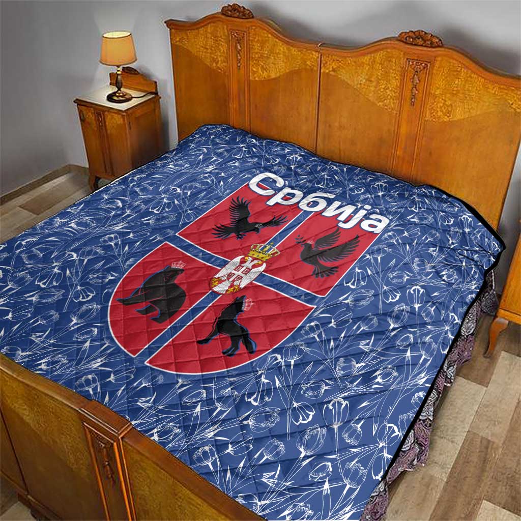 Serbia Quilt with Royal Animal Crest and Tulip Floral Blue Background
