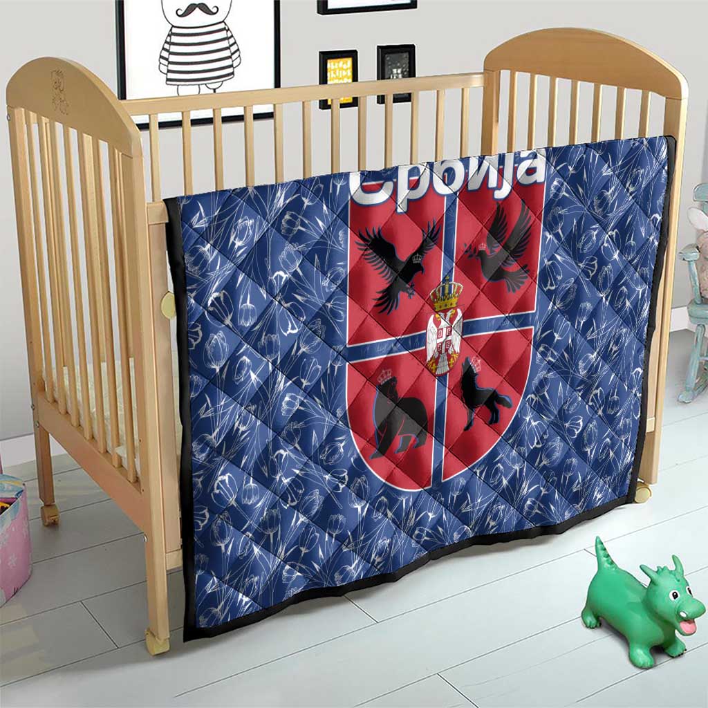 Serbia Quilt with Royal Animal Crest and Tulip Floral Blue Background