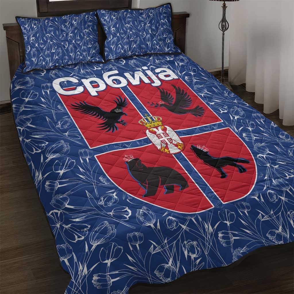 Serbia Quilt Bed Set with Royal Animal Crest and Tulip Floral Blue Background