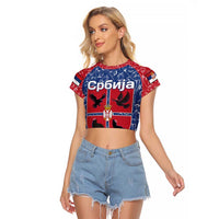Serbia Raglan Cropped T Shirt with Royal Animal Crest and Tulip Floral Blue Background