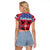 Serbia Raglan Cropped T Shirt with Royal Animal Crest and Tulip Floral Blue Background