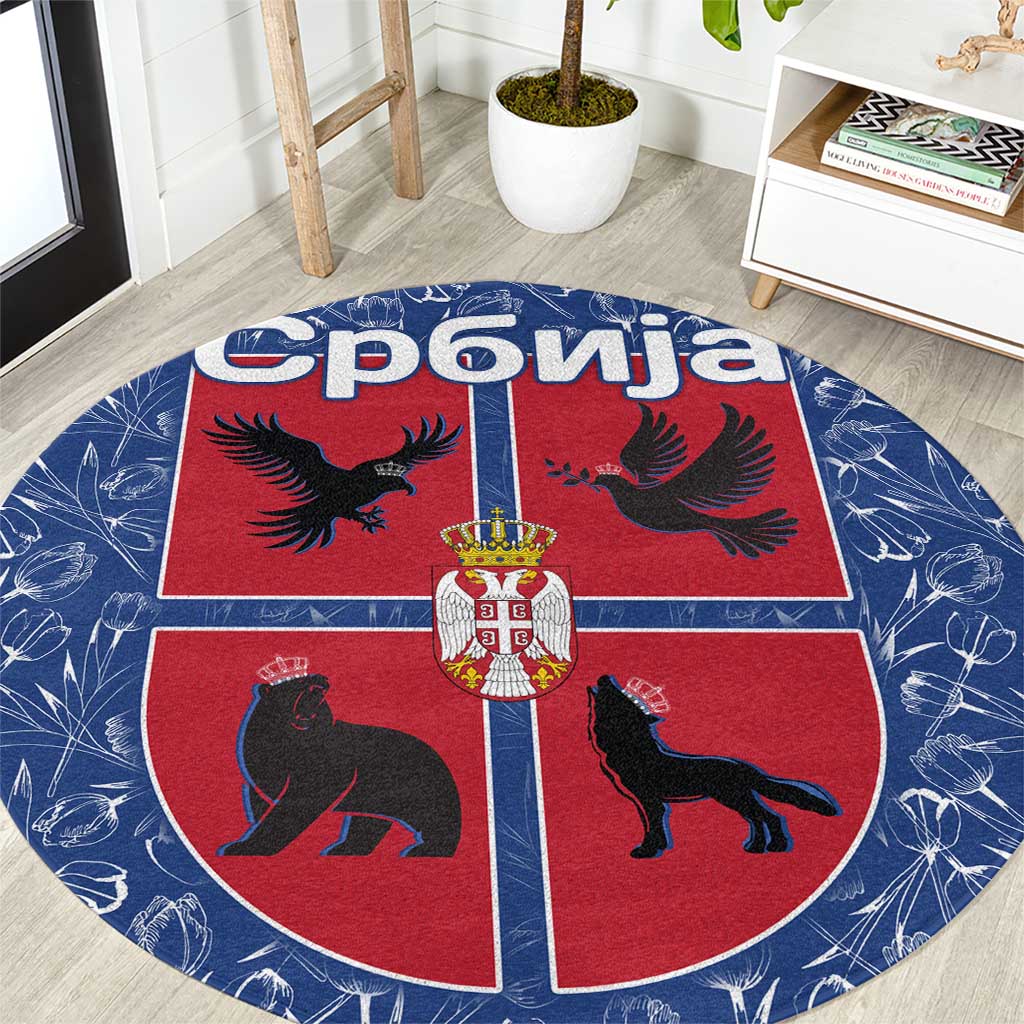 Serbia Round Carpet with Royal Animal Crest and Tulip Floral Blue Background