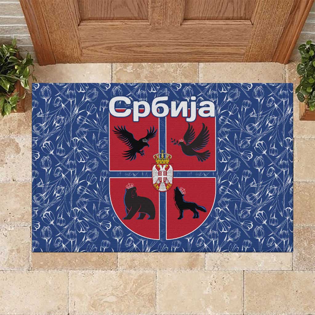 Serbia Rubber Doormat with Royal Animal Crest and Tulip Floral Blue Background