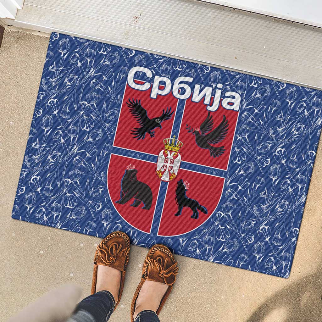 Serbia Rubber Doormat with Royal Animal Crest and Tulip Floral Blue Background