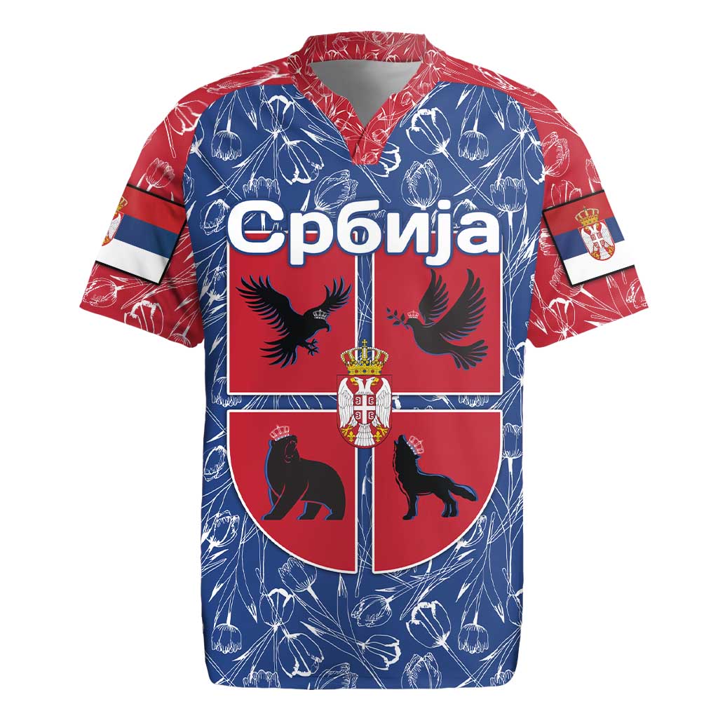 Serbia Rugby Jersey with Royal Animal Crest and Tulip Floral Blue Background