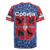 Serbia Rugby Jersey with Royal Animal Crest and Tulip Floral Blue Background
