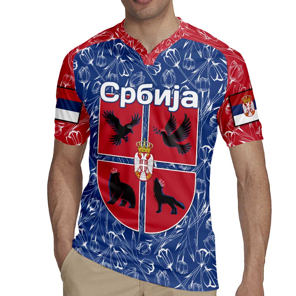 Serbia Rugby Jersey with Royal Animal Crest and Tulip Floral Blue Background