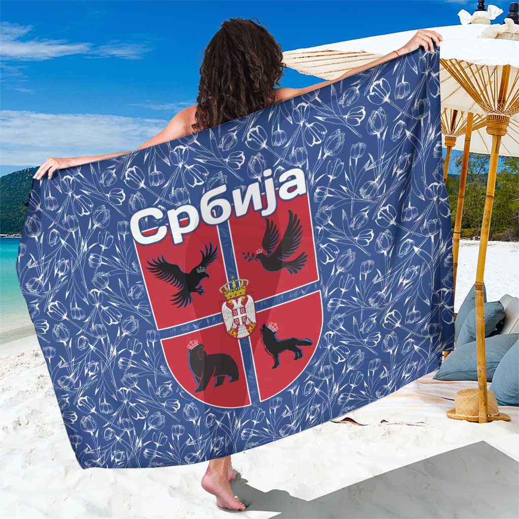 Serbia Sarong with Royal Animal Crest and Tulip Floral Blue Background