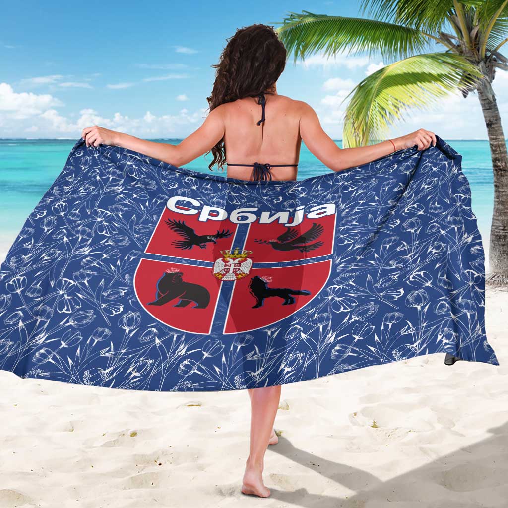 Serbia Sarong with Royal Animal Crest and Tulip Floral Blue Background