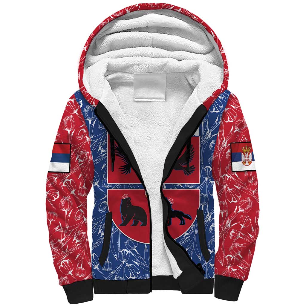 Serbia Sherpa Hoodie with Royal Animal Crest and Tulip Floral Blue Background