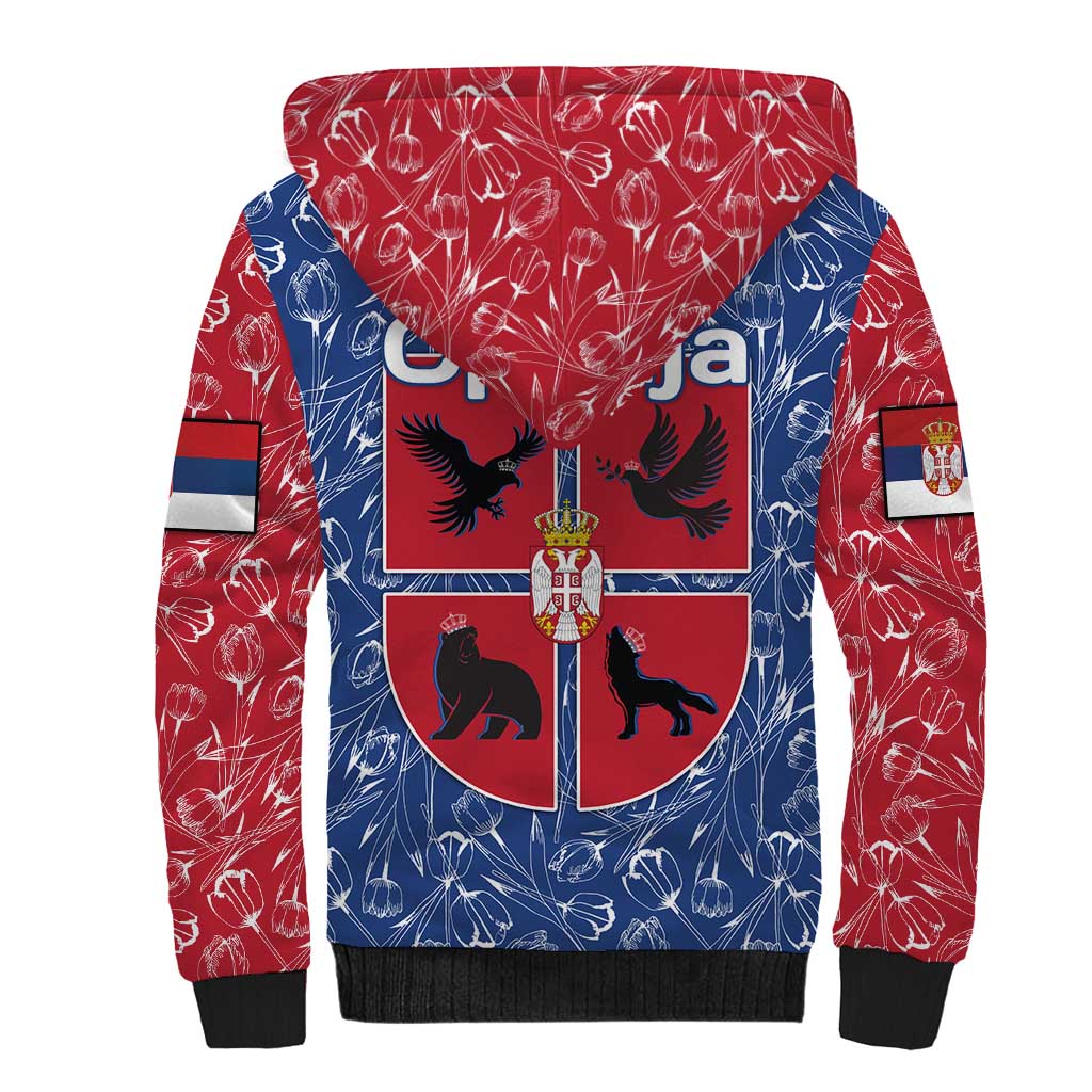 Serbia Sherpa Hoodie with Royal Animal Crest and Tulip Floral Blue Background
