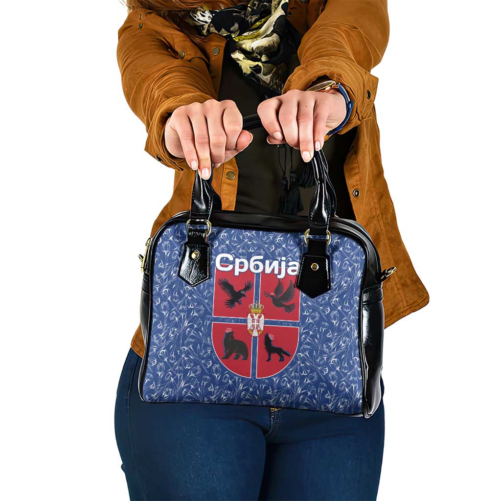 Serbia Shoulder Handbag with Royal Animal Crest and Tulip Floral Blue Background