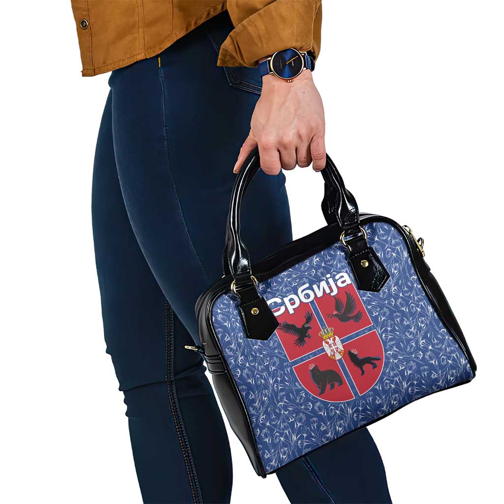 Serbia Shoulder Handbag with Royal Animal Crest and Tulip Floral Blue Background