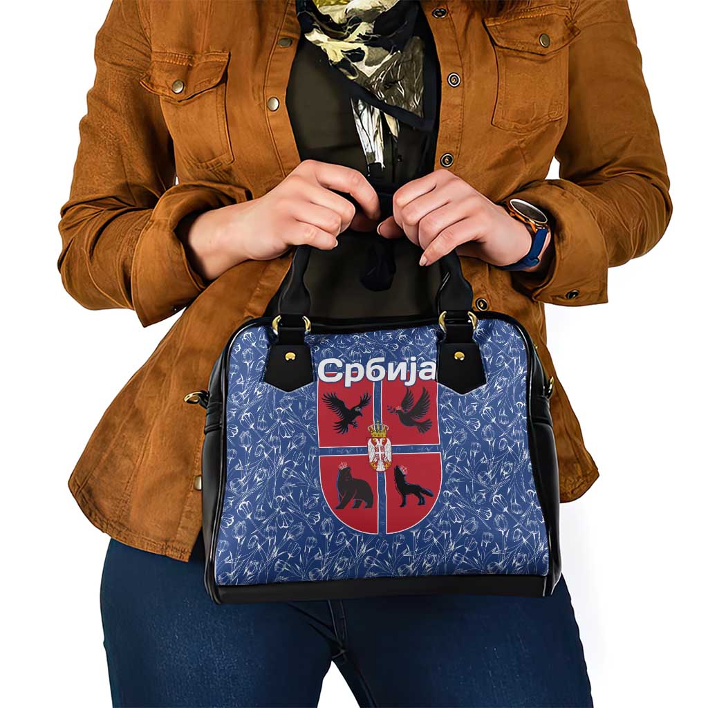 Serbia Shoulder Handbag with Royal Animal Crest and Tulip Floral Blue Background