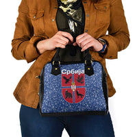 Serbia Shoulder Handbag with Royal Animal Crest and Tulip Floral Blue Background