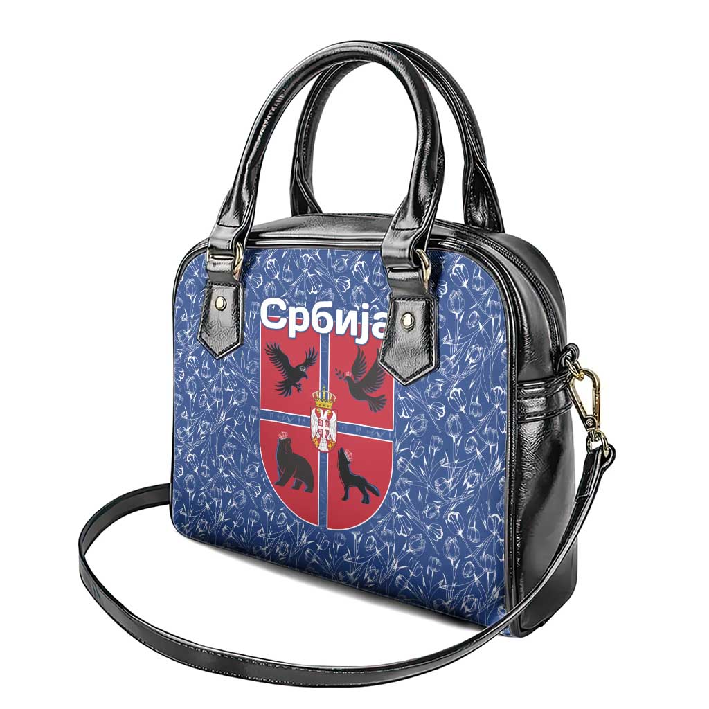Serbia Shoulder Handbag with Royal Animal Crest and Tulip Floral Blue Background
